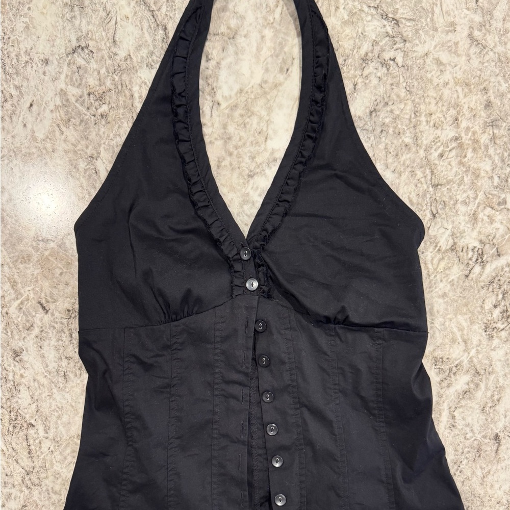 Black Button Down, Ruffled Halter Top